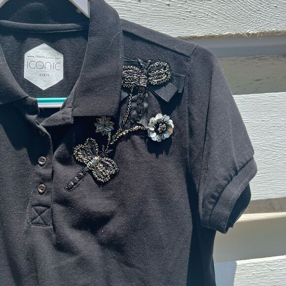 Black Embellished Oversized Golf Tee - Polo Shirt - Picture 2 of 7